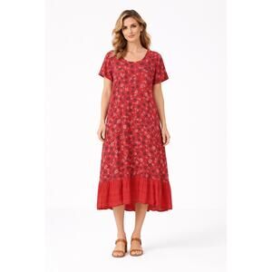 100% LIN BLANC Womens Short Linen Dress Size M Red Floral Boho Summer